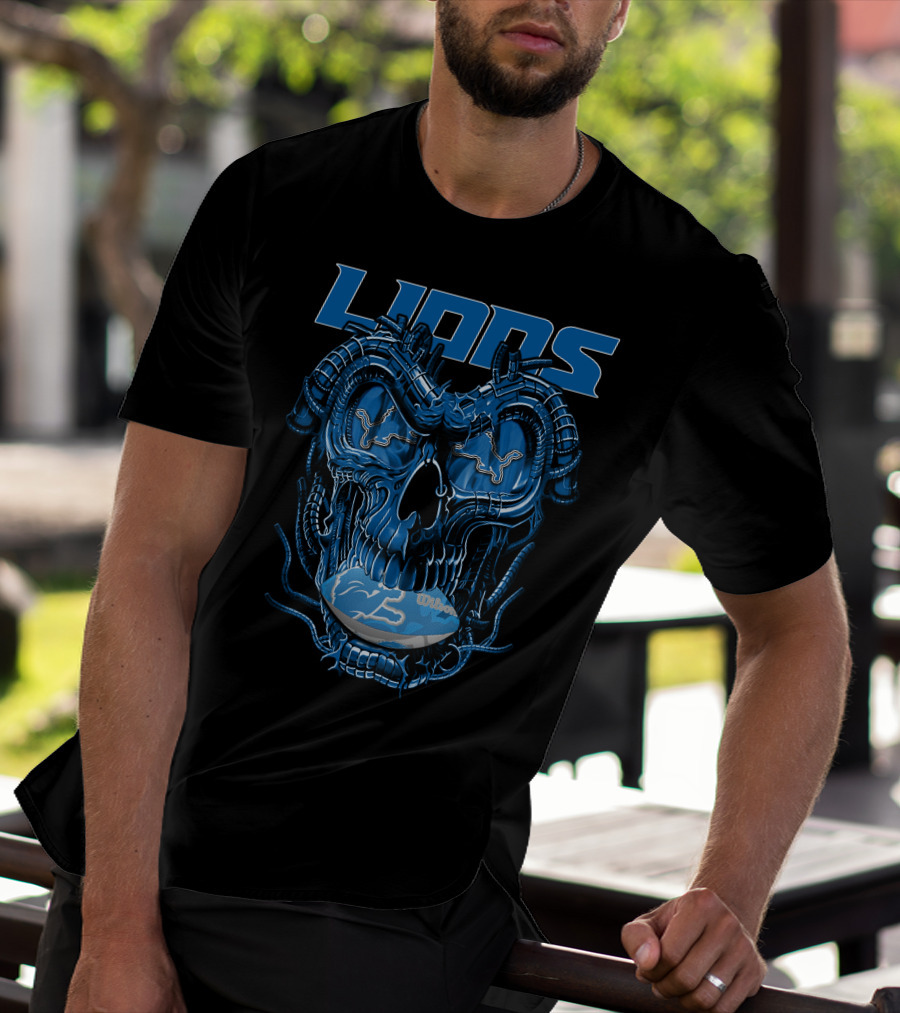 Dragonskull Lions With Detroit Football Helmet And Wilson Blue Embellishments T-Shirt