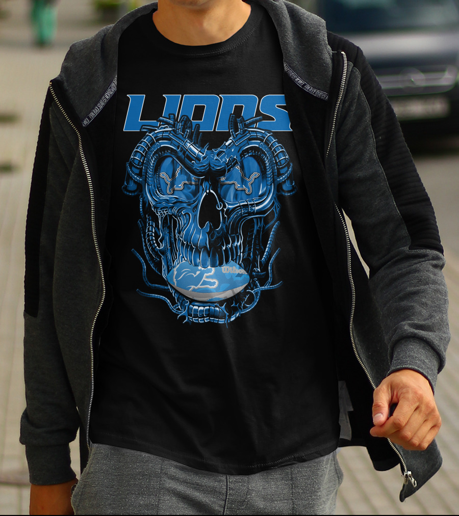 Dragonskull Lions With Detroit Football Helmet And Wilson Blue Embellishments T-Shirt