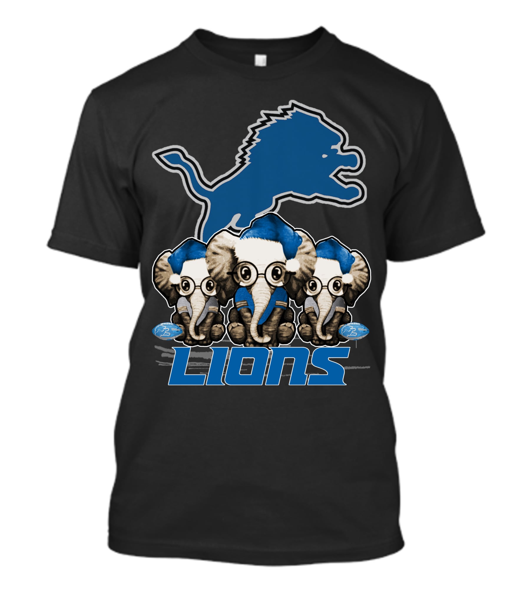 Detroit Lions Christmas Elephants With Santa Hats T-Shirt