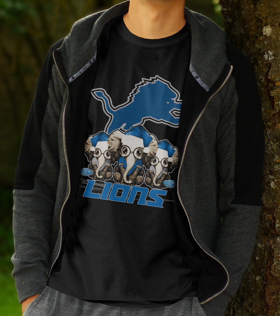 Detroit Lions Christmas Elephants With Santa Hats T-Shirt