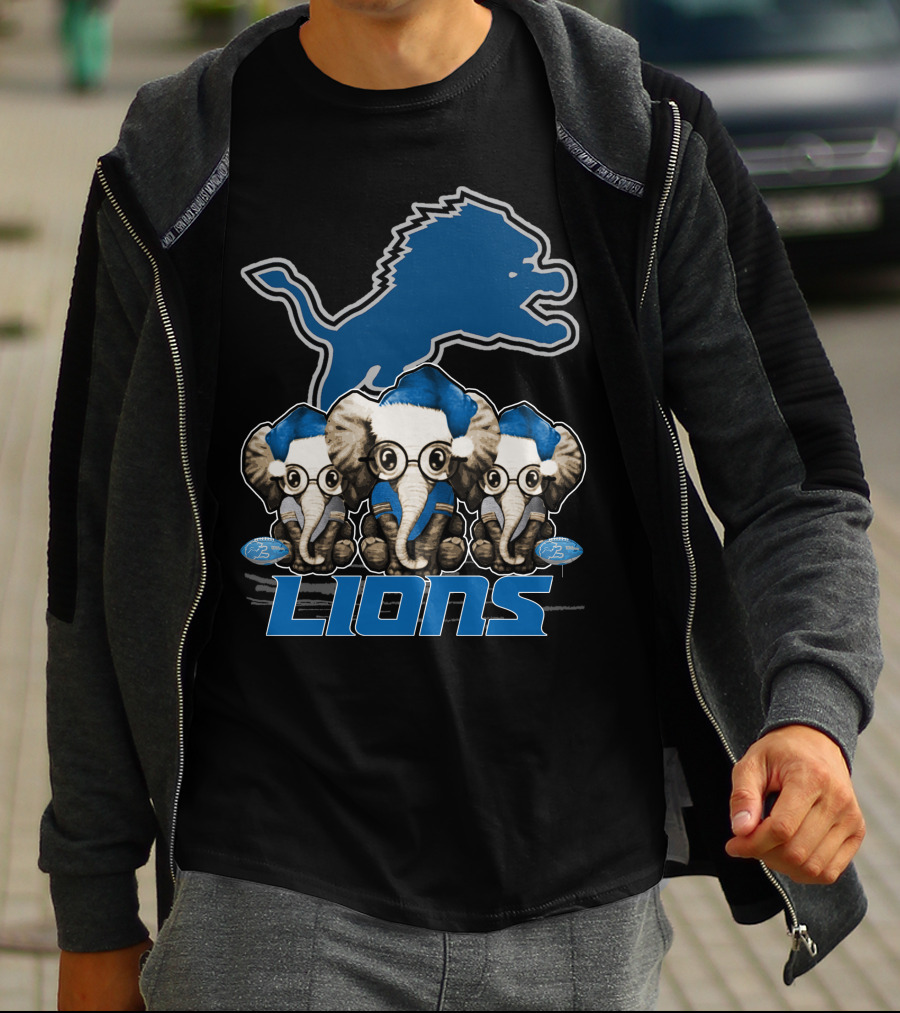 Detroit Lions Christmas Elephants With Santa Hats T-Shirt