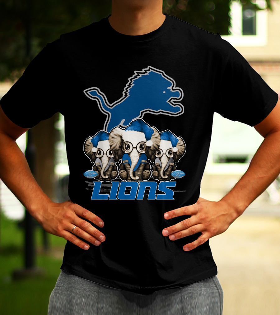 Detroit Lions Christmas Elephants With Santa Hats T-Shirt