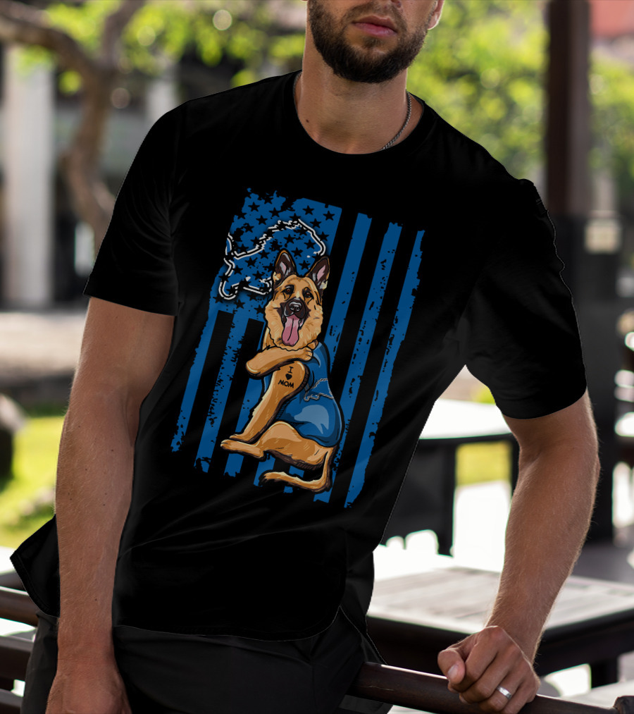 German Shepherd Wearing Detroit Lions Blue With Flag And Lion T-Shirt