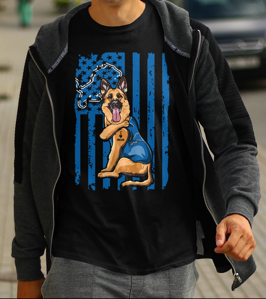 German Shepherd Wearing Detroit Lions Blue With Flag And Lion T-Shirt
