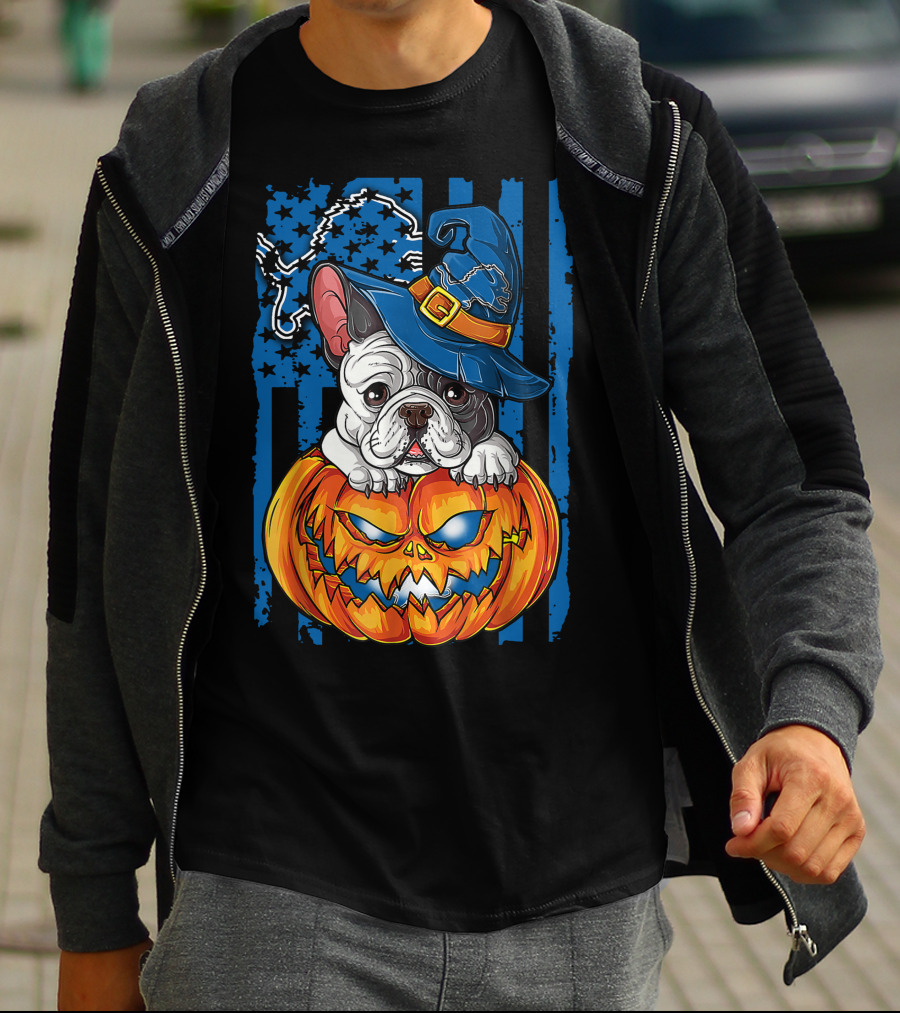 Hlw Bulldog Halloween Detroit Lions Pumpkin Wizard T-Shirt
