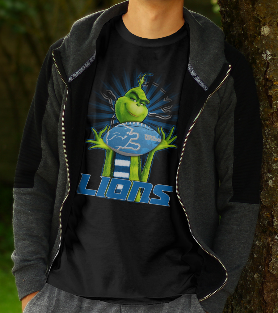 Grinch Holding Detroit Lions Wilson Football T-Shirt