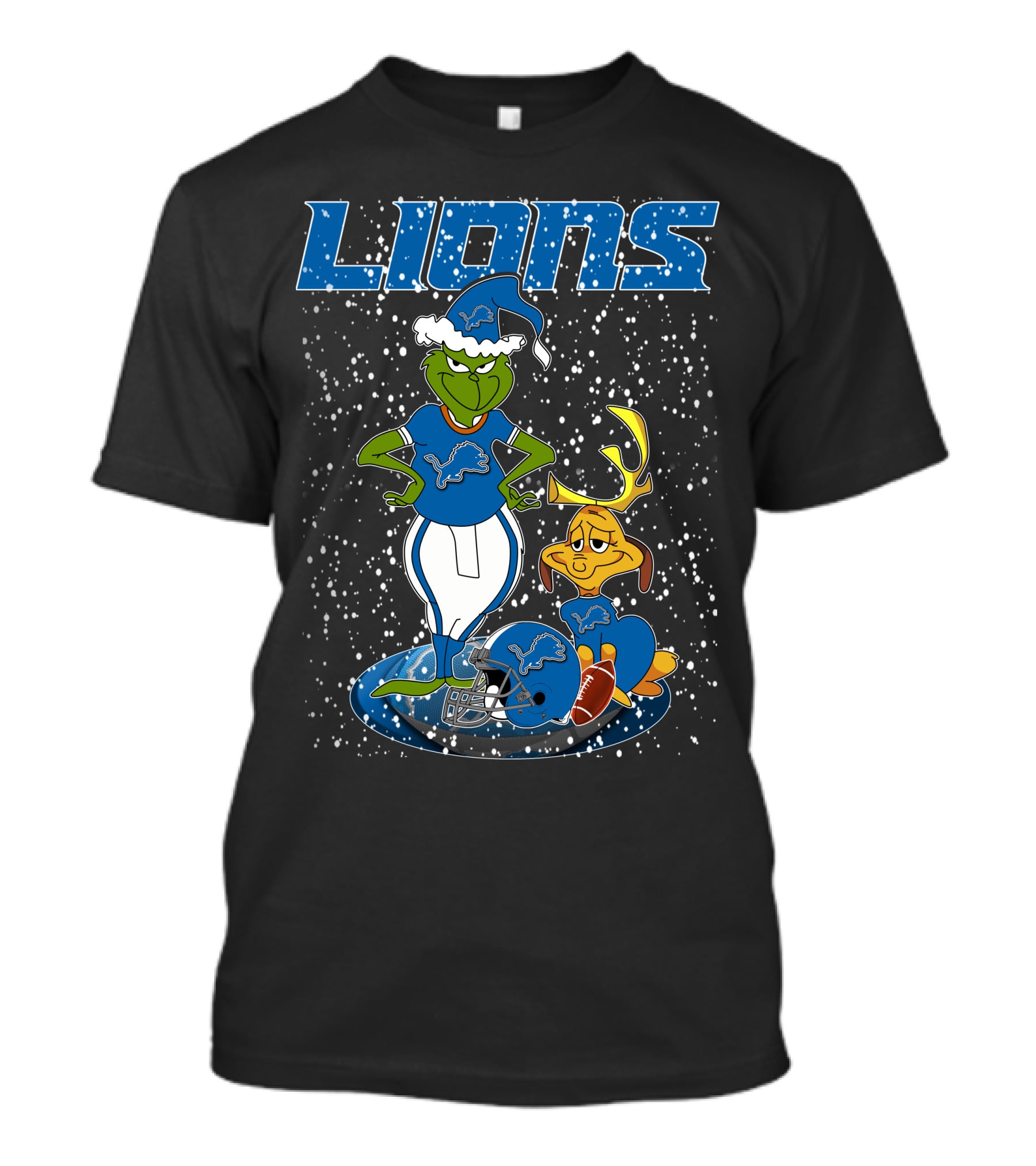 Grinchxmas Detroit Lions Snowy Holiday Characters With Blue Helmets T-Shirt