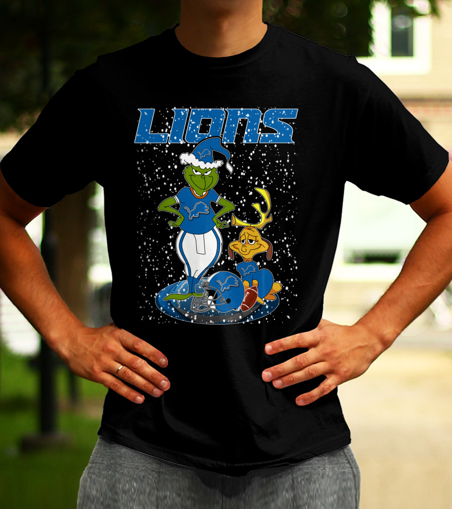 Grinchxmas Detroit Lions Snowy Holiday Characters With Blue Helmets T-Shirt