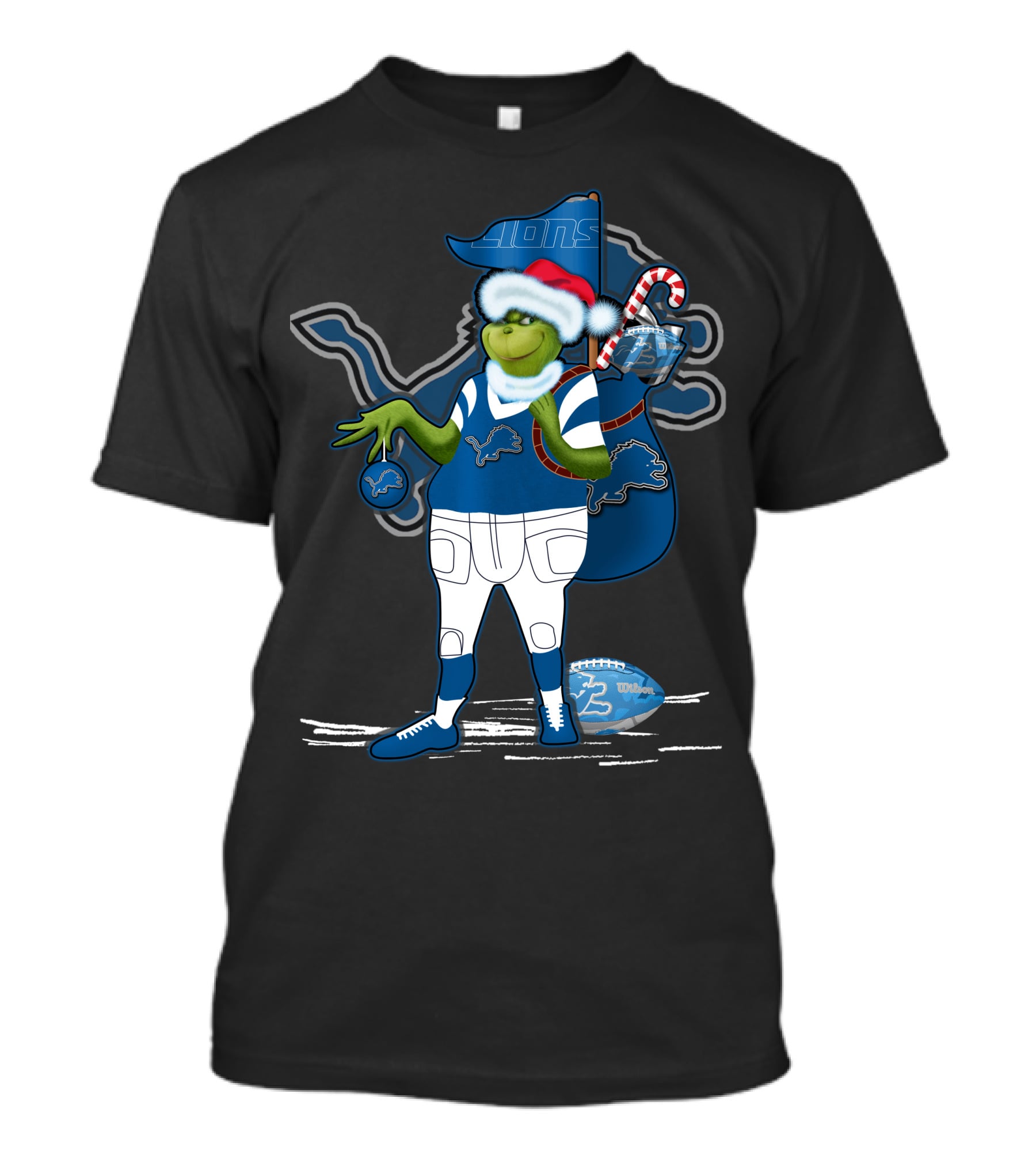 Grinchxmas Detroit Lions Santa Hat Candy Cane Football Sack T-Shirt
