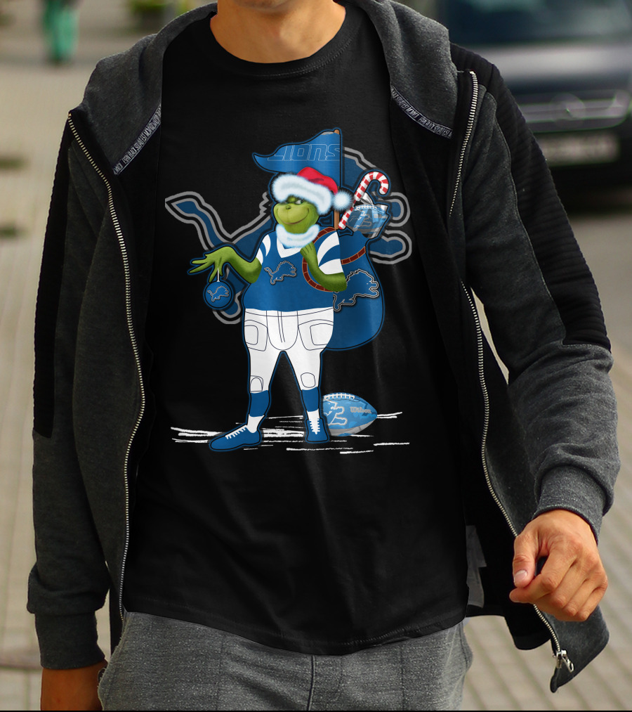 Grinchxmas Detroit Lions Santa Hat Candy Cane Football Sack T-Shirt