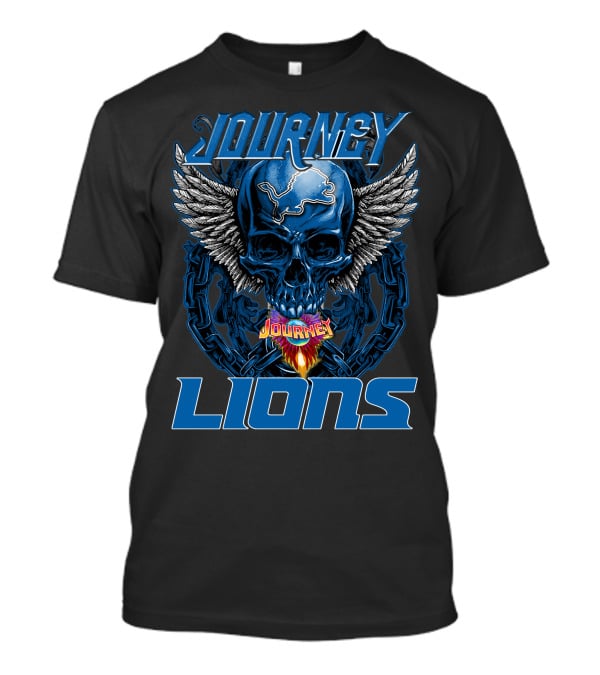 JOURNEY DETROIT LIONS Skull With Wings And Flames T-Shirt