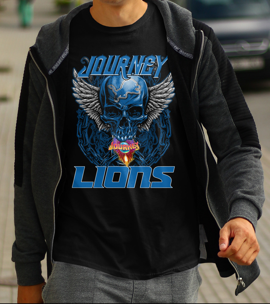 JOURNEY DETROIT LIONS Skull With Wings And Flames T-Shirt