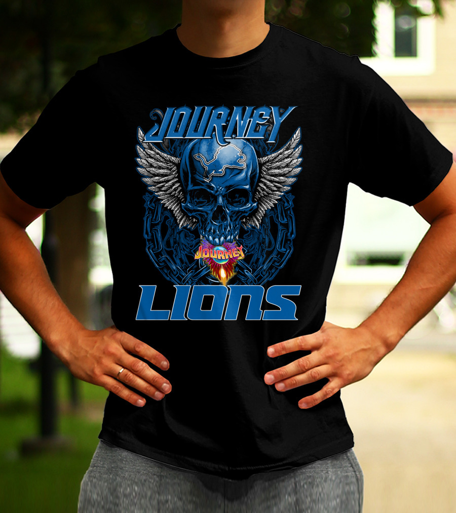 JOURNEY DETROIT LIONS Skull With Wings And Flames T-Shirt