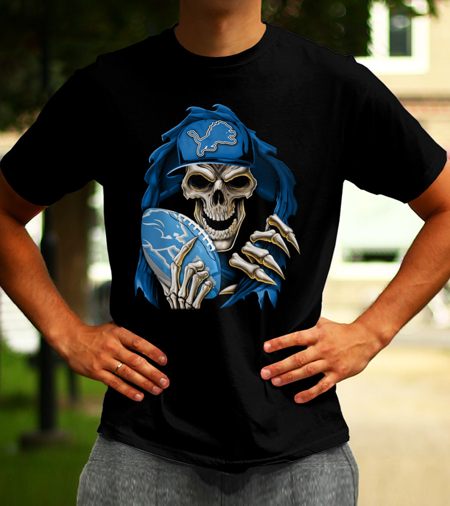 Skullbong Detroit Lions Skeleton With Football And Cap T-Shirt