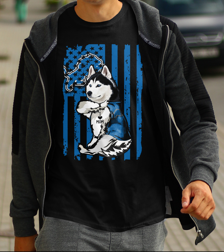 Siberian Husky Detroit Lions American Flag Mom T-Shirt