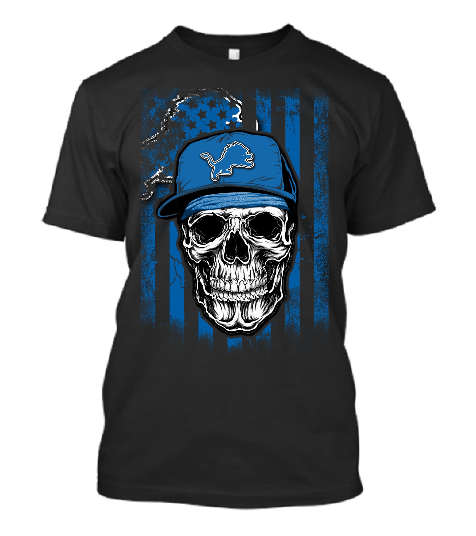 Skull Detroit Lions Blue Cap USA Flag Background T-Shirt