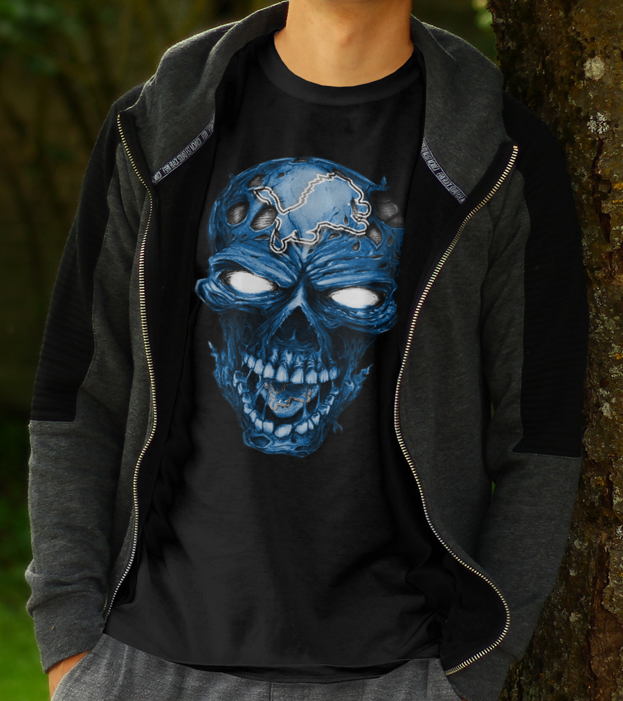 Skull Detroit Lions Blue Dark T-Shirt