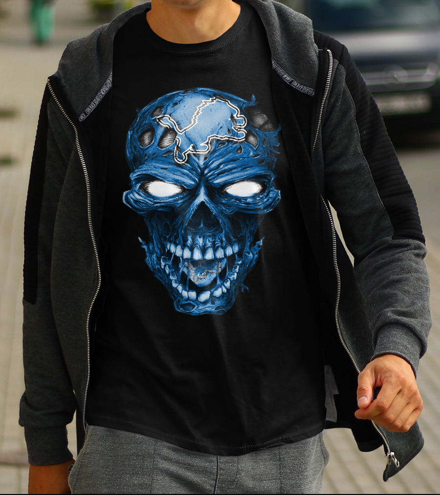 Skull Detroit Lions Blue Dark T-Shirt