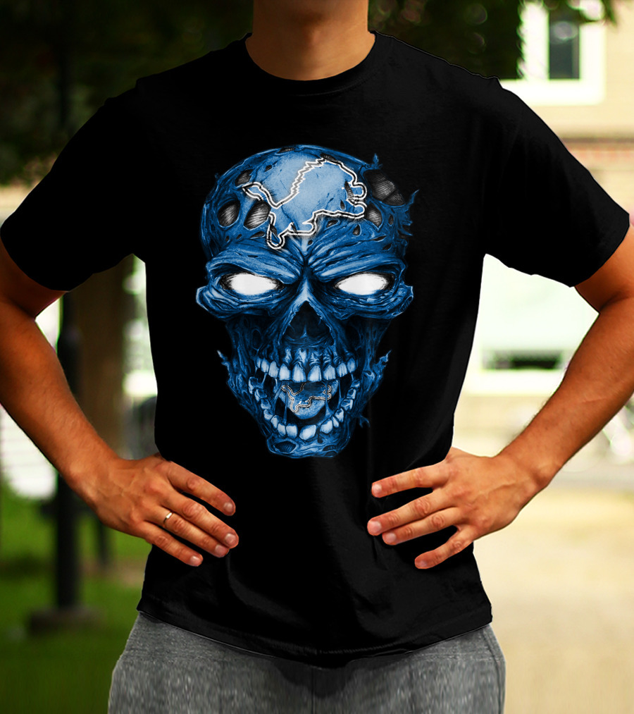 Skull Detroit Lions Blue Dark T-Shirt