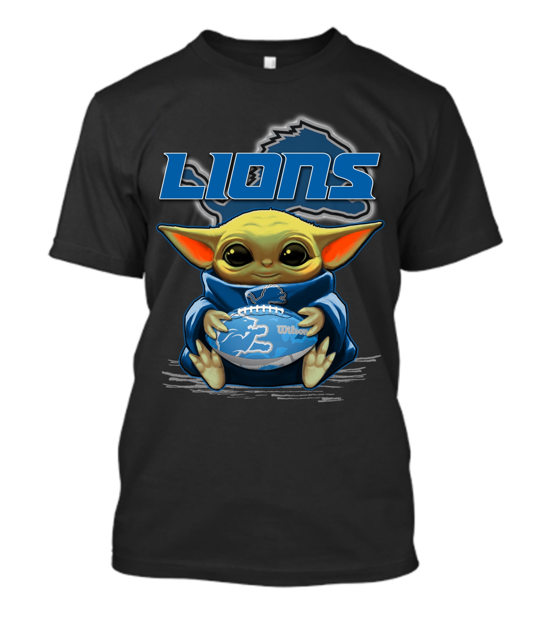 Lions Baby Yoda Holding Detroit Football Wilson T-Shirt