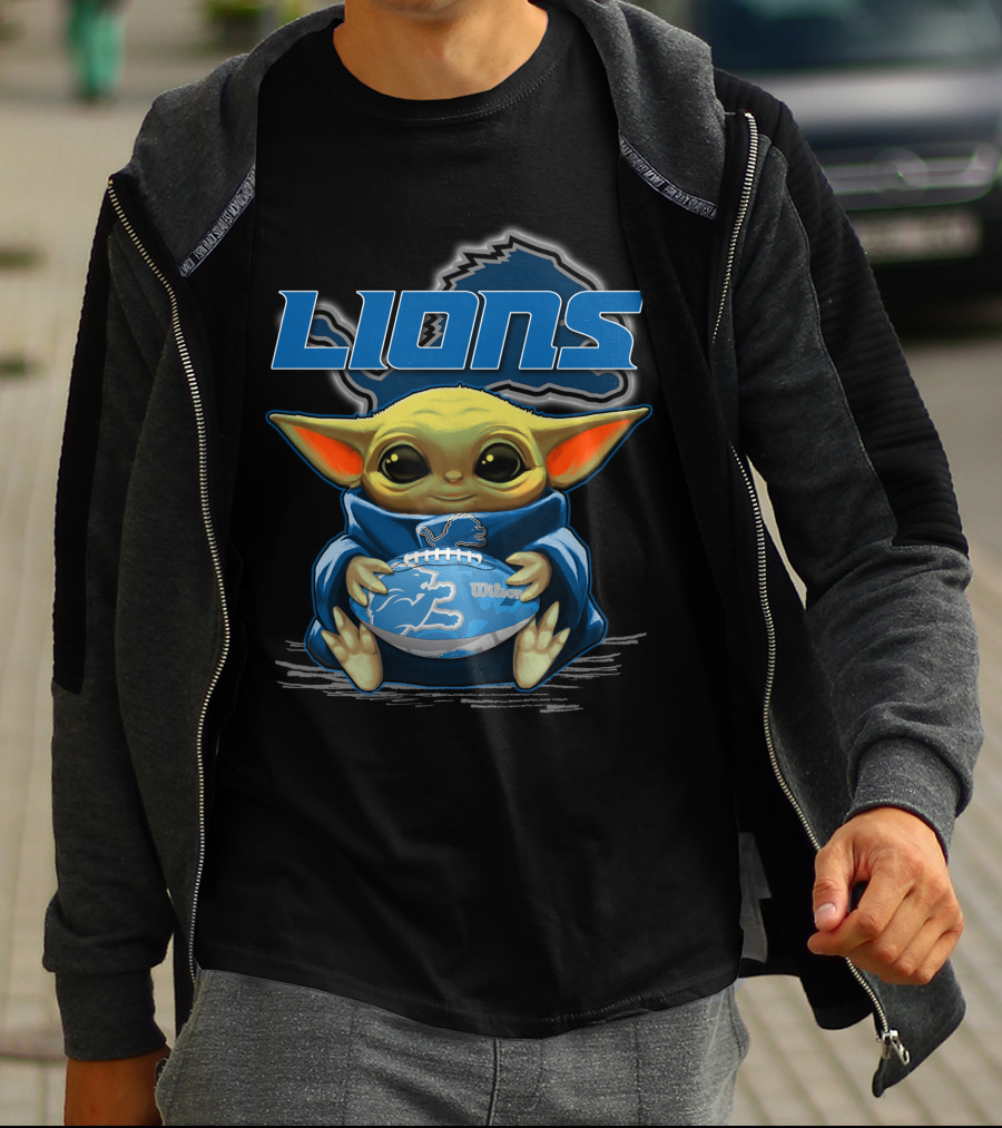 Lions Baby Yoda Holding Detroit Football Wilson T-Shirt