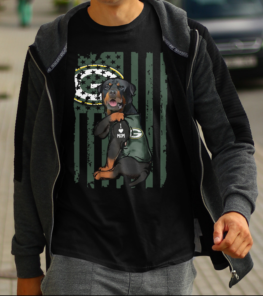 Rottweiler I Love Mom Green Bay Packers Logo Patriotic Flag T-Shirt