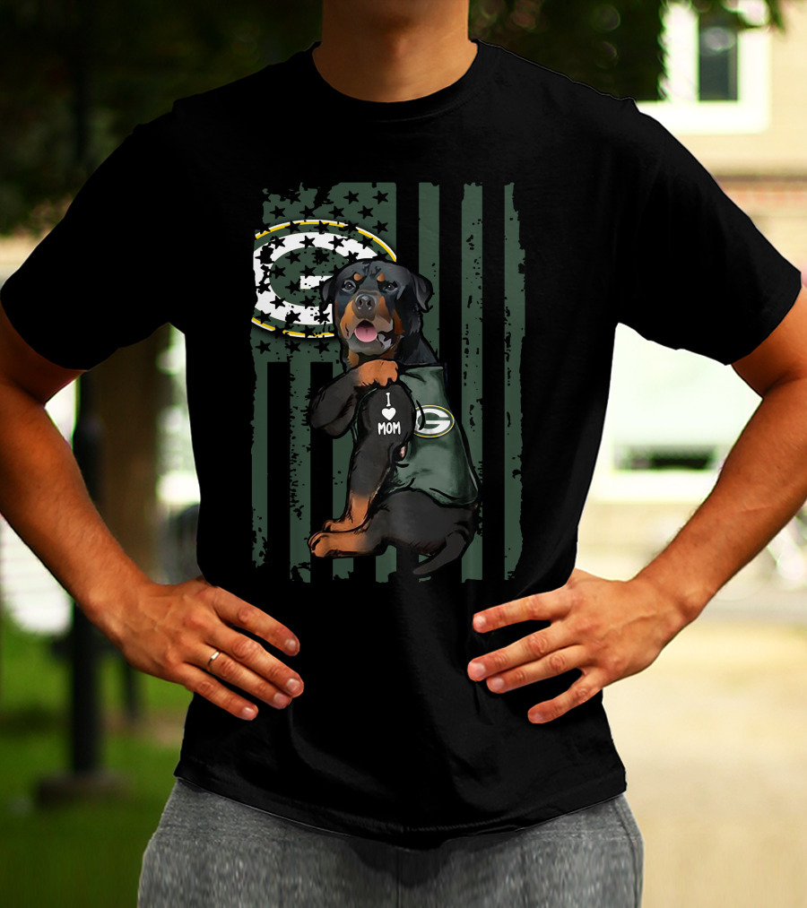 Rottweiler I Love Mom Green Bay Packers Logo Patriotic Flag T-Shirt
