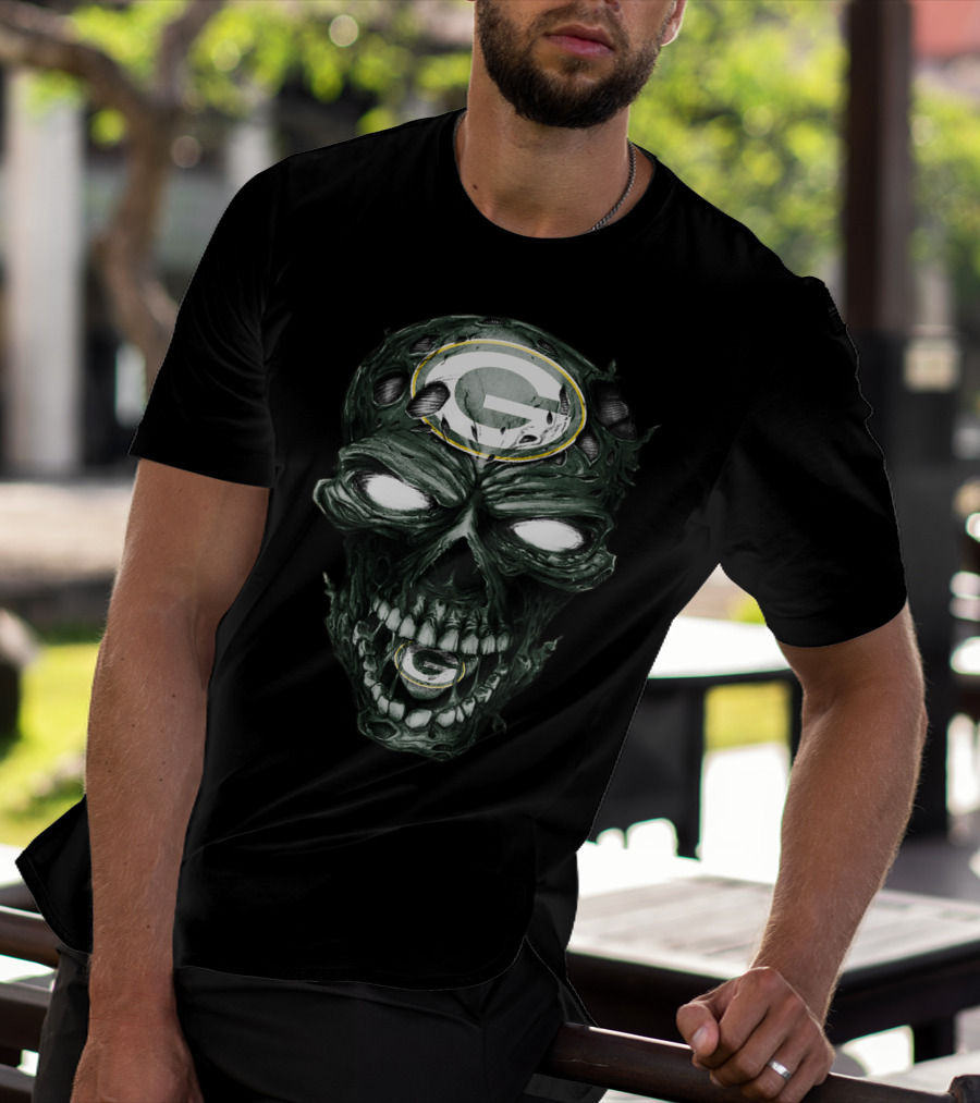 Green Bay Packers Skull Face With Team Logo Eyes T-Shirt
