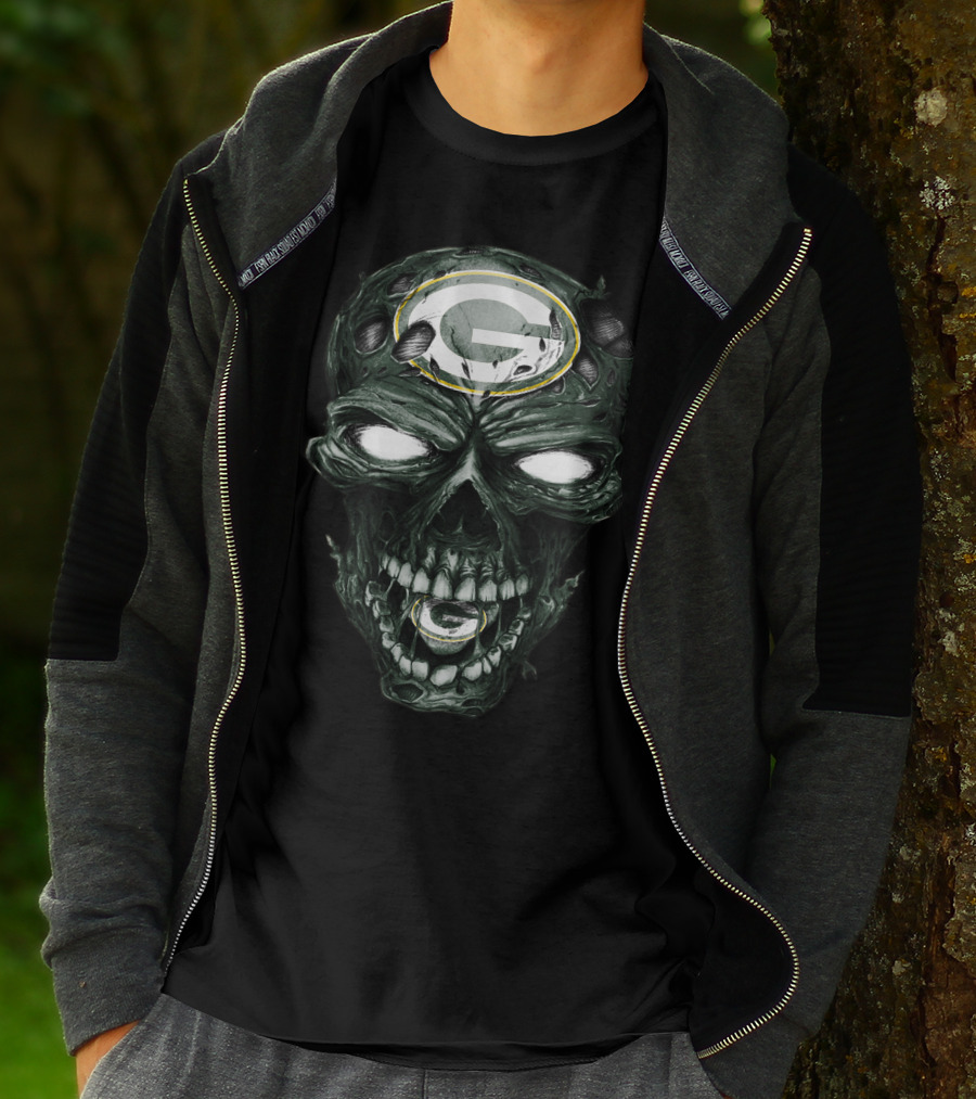 Green Bay Packers Skull Face With Team Logo Eyes T-Shirt