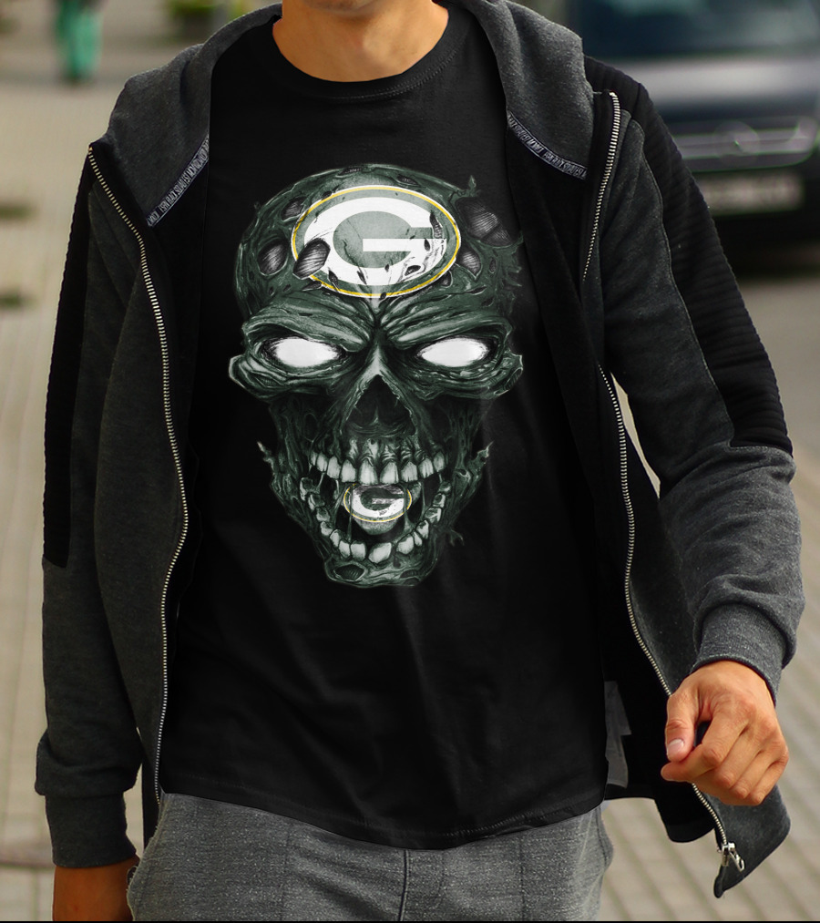 Green Bay Packers Skull Face With Team Logo Eyes T-Shirt