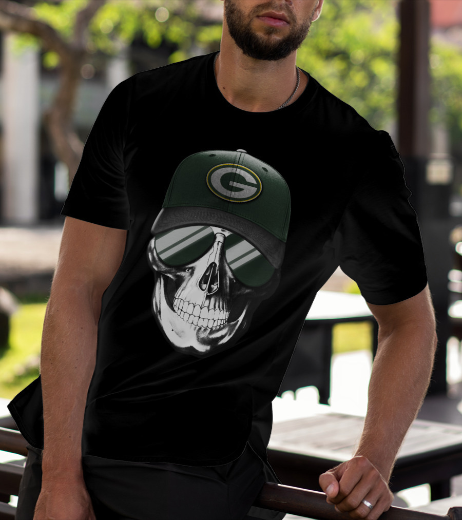 Skull Wearing Green Bay Packers Cap With Sunglasses T-Shirt