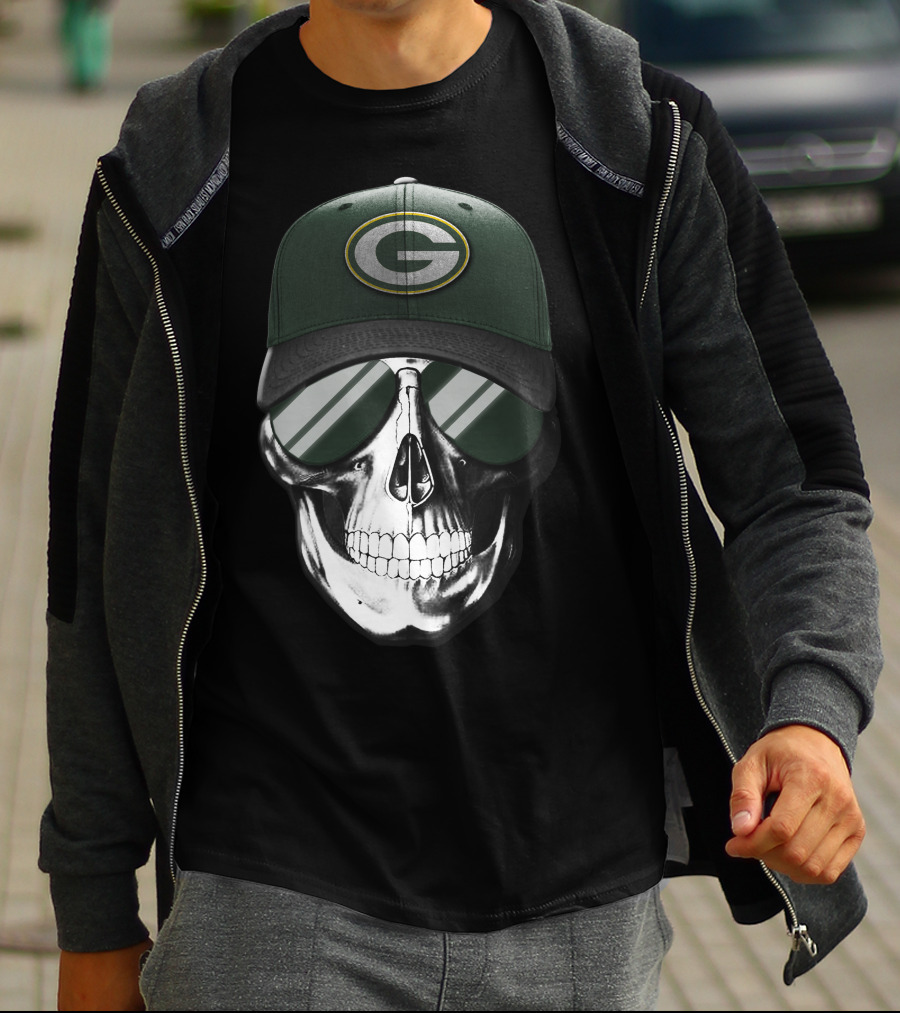 Skull Wearing Green Bay Packers Cap With Sunglasses T-Shirt