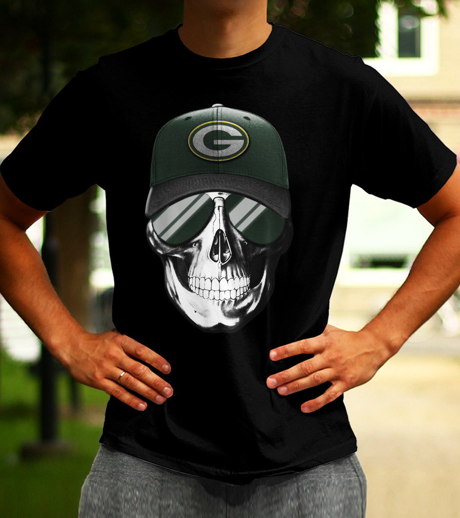 Skull Wearing Green Bay Packers Cap With Sunglasses T-Shirt