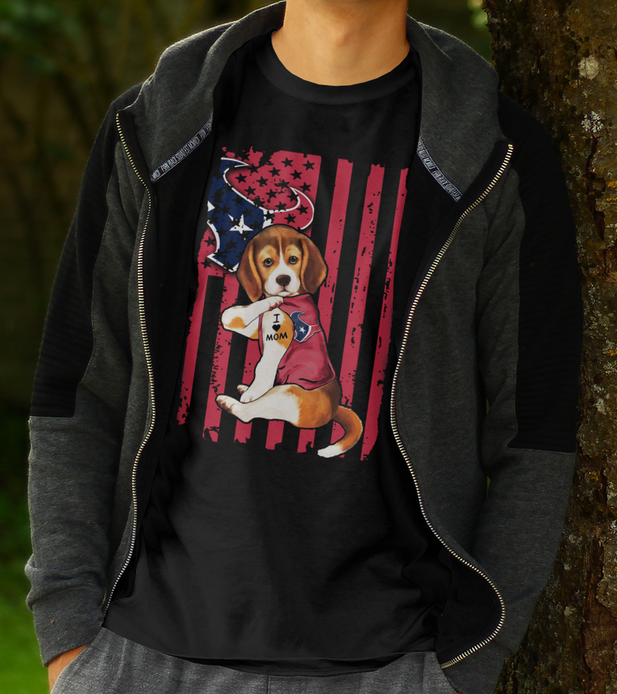 Beagle I Love Mom Houston Texans Stars And Stripes Flag T-Shirt