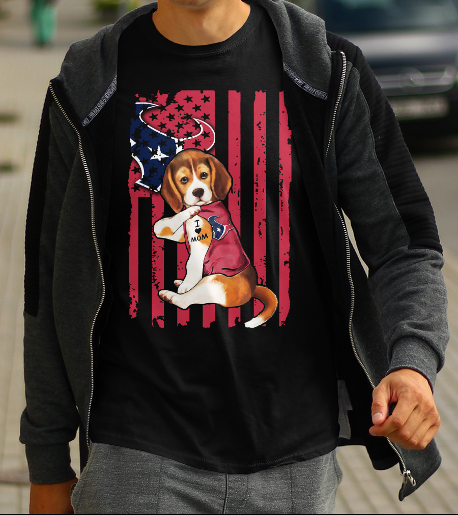 Beagle I Love Mom Houston Texans Stars And Stripes Flag T-Shirt