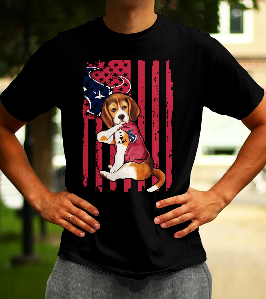 Beagle I Love Mom Houston Texans Stars And Stripes Flag T-Shirt