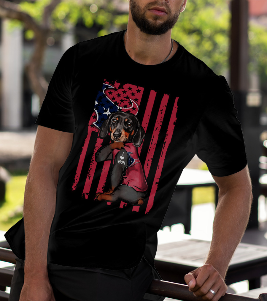 Dachshund I Love Mom Houston Texans Usa Flag Football T-Shirt
