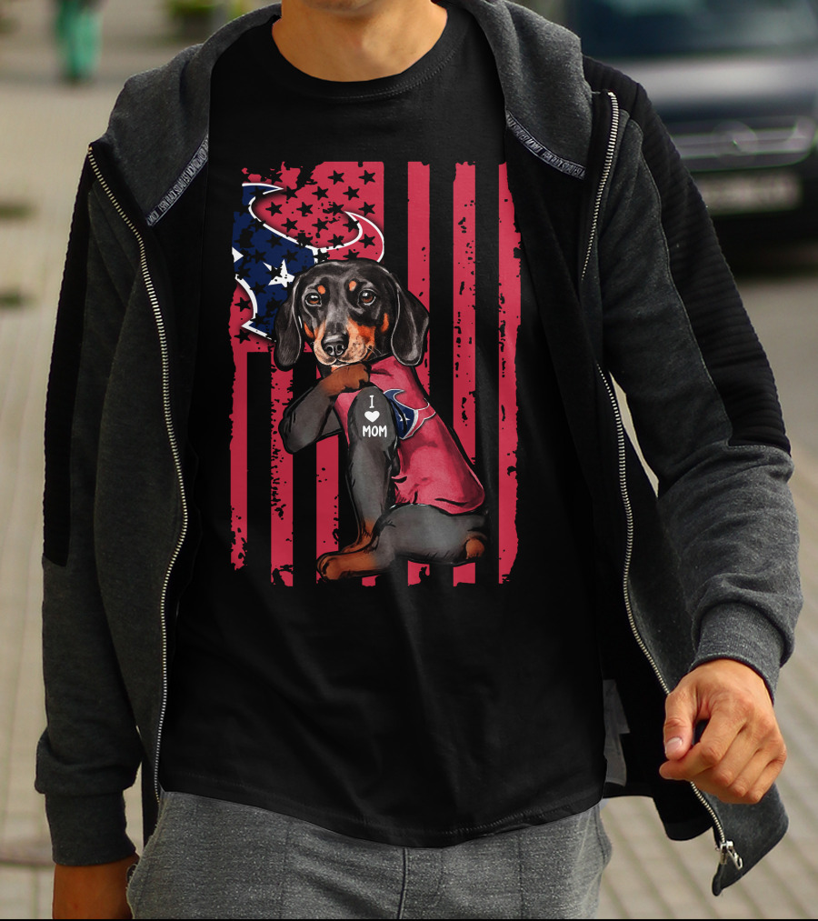 Dachshund I Love Mom Houston Texans Usa Flag Football T-Shirt