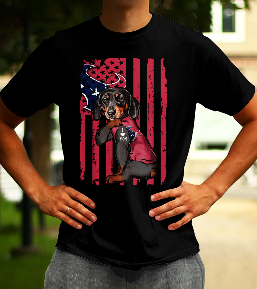Dachshund I Love Mom Houston Texans Usa Flag Football T-Shirt