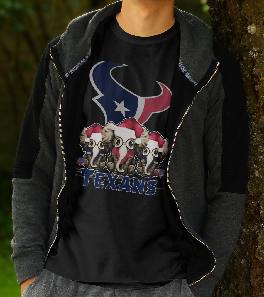 Houston Texans Elephant Xmas With Santa Hats And Glasses T-Shirt