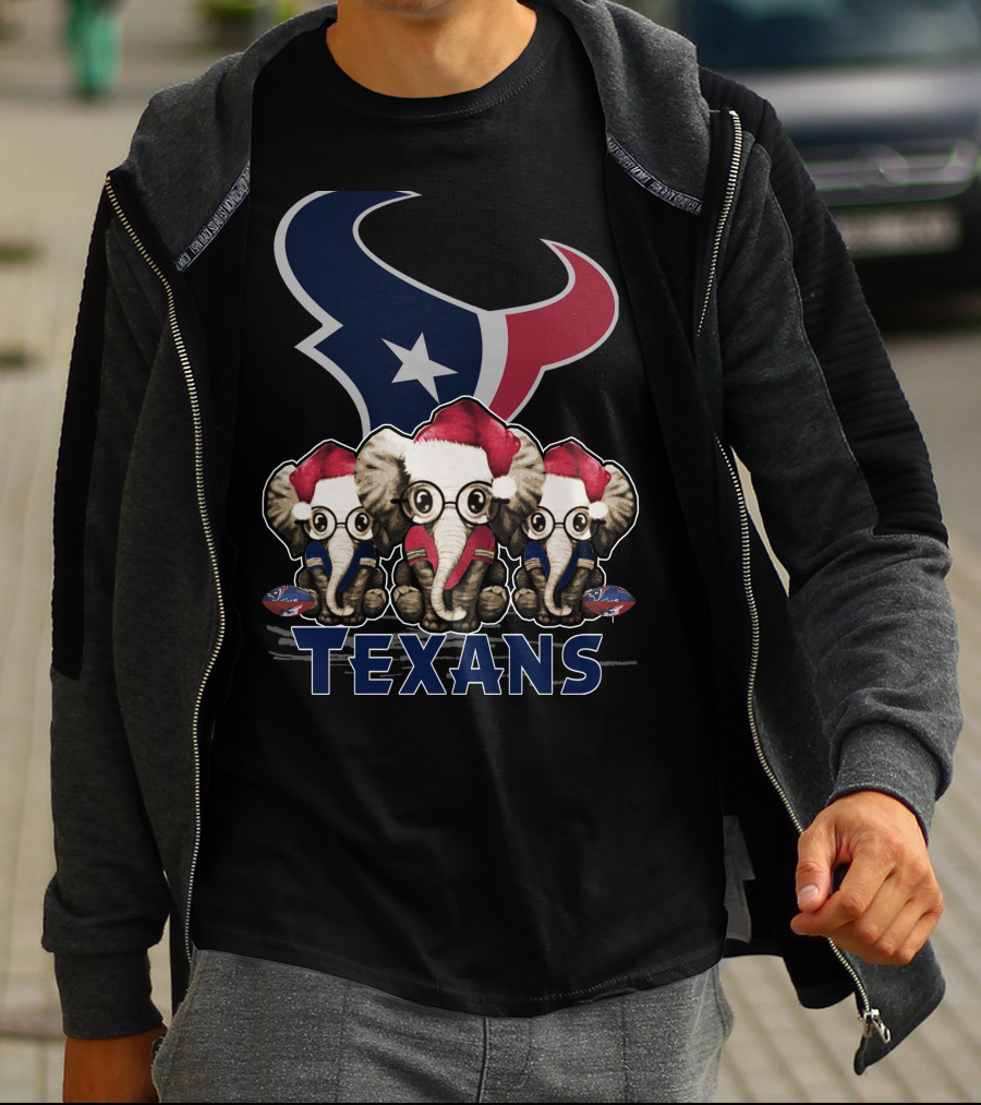 Houston Texans Elephant Xmas With Santa Hats And Glasses T-Shirt
