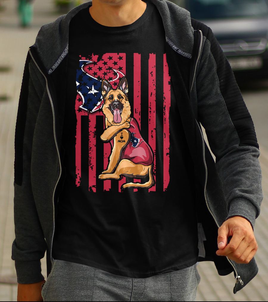 German Shepherd I Love Mom With American Flag And Houston Texans Stars T-Shirt