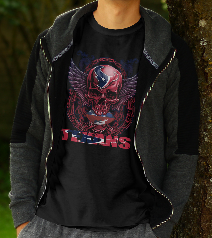 Skullfb Texans Winged Skull With Chains And Football Elements T-Shirt