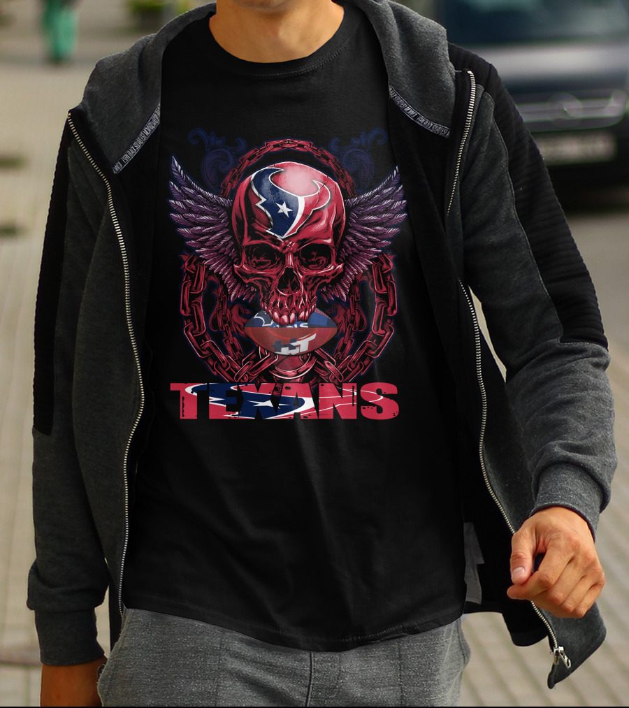 Skullfb Texans Winged Skull With Chains And Football Elements T-Shirt