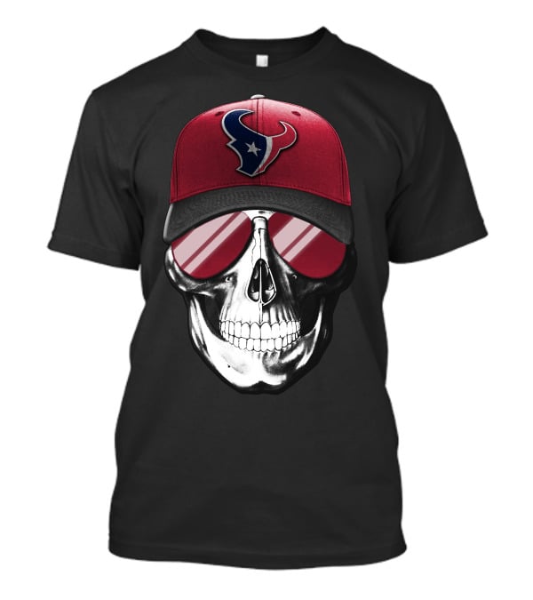 Skull With Red Cap Featuring Houston Texans Logo And Reflective Sunglasses T-Shirt