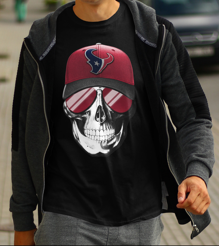 Skull With Red Cap Featuring Houston Texans Logo And Reflective Sunglasses T-Shirt
