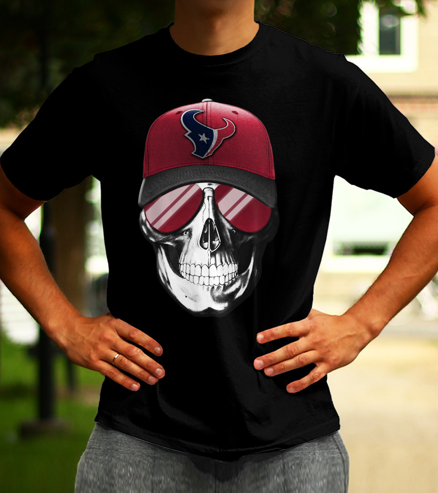 Skull With Red Cap Featuring Houston Texans Logo And Reflective Sunglasses T-Shirt