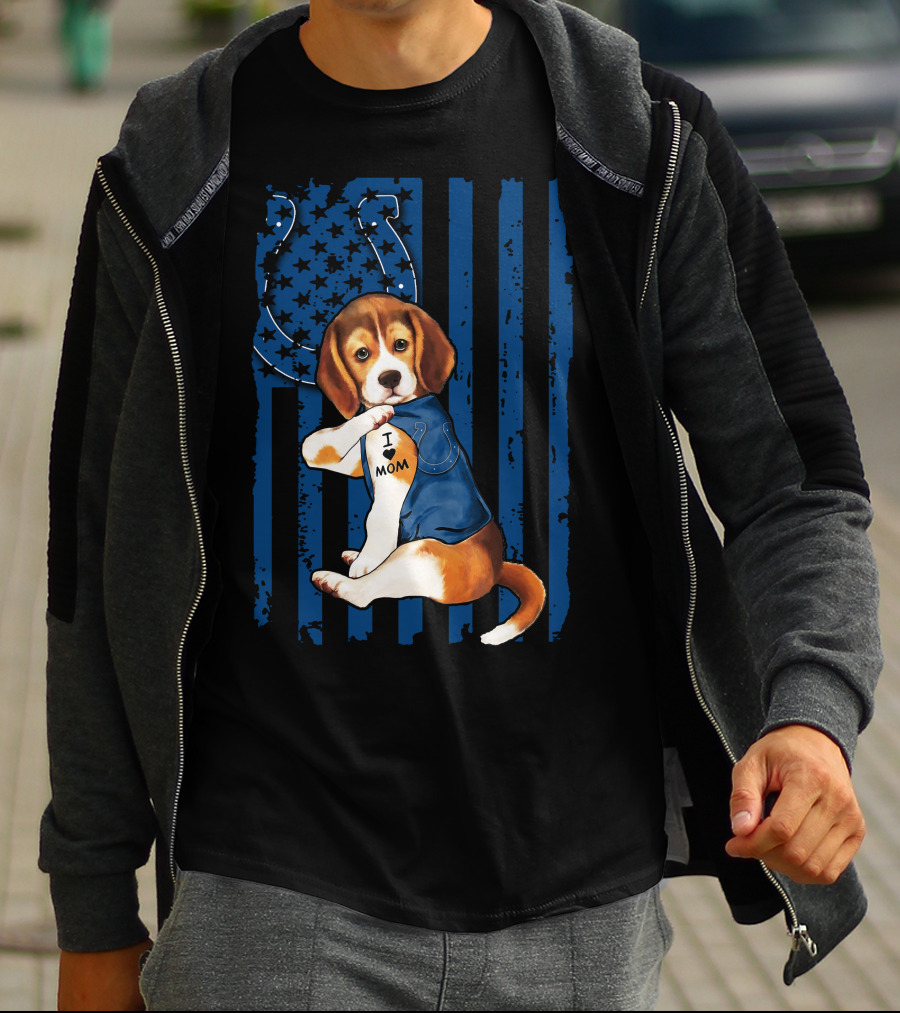 Beagle Puppy In Indianapolis Colts Shirt With I Love Mom Tattoo Flag Background T-Shirt
