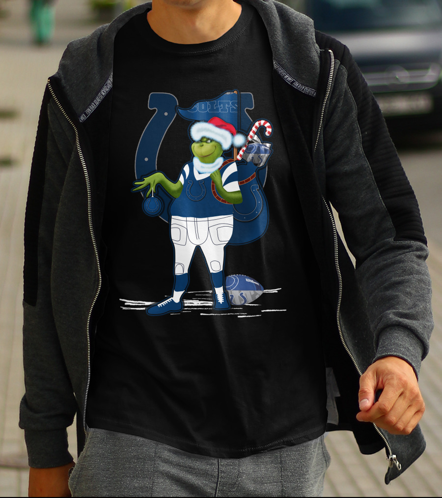 Grinchxmas Indianapolis Colts Santa Hat Candy Cane Football T-Shirt