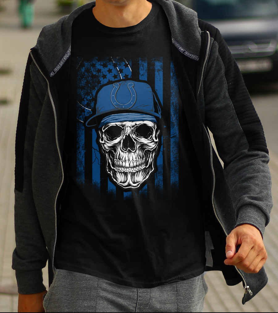 Indianapolis Colts Skull With Blue Flag Background T-Shirt
